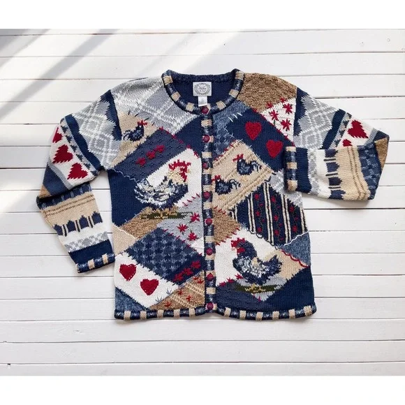 Stitches in Time vtg blue chicken rooster farm embroidered cardigan‎ sweater
